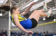 28 January 2024; Ciarra Keane of Roscommon AC, competes in the high jump of the under 14 girls combined events during day two of 123.ie National Indoor Combined Events at the Sport Ireland National Indoor Arena in Dublin. Photo by Sam Barnes/Sportsfile