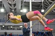 28 January 2024; Lily Anna Clover of Bandon AC, Cork, competes in the high jump of the under 14 girls combined events during day two of 123.ie National Indoor Combined Events at the Sport Ireland National Indoor Arena in Dublin. Photo by Sam Barnes/Sportsfile