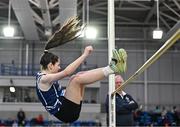 28 January 2024; Ruby Cunnane of Corran AC, Cavan, competes in the high jump of the under 14 girls combined events during day two of 123.ie National Indoor Combined Events at the Sport Ireland National Indoor Arena in Dublin. Photo by Sam Barnes/Sportsfile