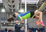 28 January 2024; Cara Gorman of Metro/St Brigids AC, Dublin, competes in the high jump of the under 14 girls combined events during day two of 123.ie National Indoor Combined Events at the Sport Ireland National Indoor Arena in Dublin. Photo by Sam Barnes/Sportsfile