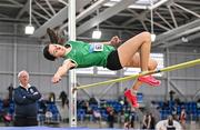28 January 2024; Nell O'Connell of Blarney/Inniscara AC, competes in the high jump of the under 14 girls combined events during day two of 123.ie National Indoor Combined Events at the Sport Ireland National Indoor Arena in Dublin. Photo by Sam Barnes/Sportsfile