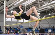 28 January 2024; Ciara Scanlon of South Sligo AC, competes in the high jump of the under 14 girls combined events during day two of 123.ie National Indoor Combined Events at the Sport Ireland National Indoor Arena in Dublin. Photo by Sam Barnes/Sportsfile