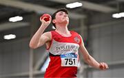 28 January 2024; Daniel Downey of Portlaoise AC, Laois, competes in the shot put of the under 16  boys combined events during day two of 123.ie National Indoor Combined Events at the Sport Ireland National Indoor Arena in Dublin. Photo by Sam Barnes/Sportsfile