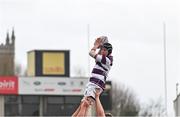 28 January 2024; Sascha Byrne of Clongowes Wood College wins possession in a line-out during the Bank of Ireland Leinster Schools Senior Cup First Round match between Clongowes Wood College and Belvedere College at Energia Park in Dublin. Photo by Tyler Miller/Sportsfile