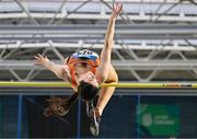 28 January 2024; Laura Frawley of Nenagh Olympic AC, Tipperary, competes in the high jump of the senior women's combined events during day two of 123.ie National Indoor Combined Events at the Sport Ireland National Indoor Arena in Dublin. Photo by Sam Barnes/Sportsfile