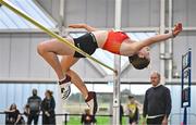 28 January 2024; Louise King of St Colmans South Mayo AC, competes in the high jump of the senior women's combined events during day two of 123.ie National Indoor Combined Events at the Sport Ireland National Indoor Arena in Dublin. Photo by Sam Barnes/Sportsfile