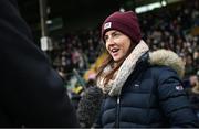 28 January 2024; Recently retired Meath player Niamh O'Sullivan is interviewed at half time during the Lidl LGFA National League Division 1 Round 2 match between Meath and Dublin at Páirc Tailteann in Navan, Meath. Photo by David Fitzgerald/Sportsfile