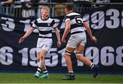 28 January 2024; Gordon Barr of Belvedere College, left, and team-mate Caiden McLoughlin celebrate after their side score their second try5 during the Bank of Ireland Leinster Schools Senior Cup First Round match between Clongowes Wood College and Belvedere College at Energia Park in Dublin. Photo by Tyler Miller/Sportsfile