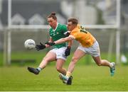 28 January 2024; Peter Nash of Limerick is tackled by Dominic McEnhill of Antrim during the Allianz Football League Division 3 match between Limerick and Antrim at Mick Neville Park in Rathkeale, Limerick. Photo by Tom Beary/Sportsfile