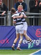 28 January 2024; Gordon Barr of Belvedere College, right, celebrates with team-mate Matthew Doyle after scoring their side's third try during the Bank of Ireland Leinster Schools Senior Cup First Round match between Clongowes Wood College and Belvedere College at Energia Park in Dublin. Photo by Tyler Miller/Sportsfile