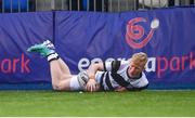 28 January 2024; Gordon Barr of Belvedere College dives over to score his side's third try during the Bank of Ireland Leinster Schools Senior Cup First Round match between Clongowes Wood College and Belvedere College at Energia Park in Dublin. Photo by Tyler Miller/Sportsfile