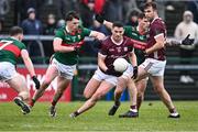 28 January 2024; Shane Walsh of Galway in action against Sam Callinan of Mayo during the Allianz Football League Division 1 match between Galway and Mayo at Pearse Stadium in Galway. Photo by Piaras Ó Mídheach/Sportsfile
