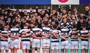 28 January 2024; The Belvedere College side celebrate with supporters after the Bank of Ireland Leinster Schools Senior Cup First Round match between Clongowes Wood College and Belvedere College at Energia Park in Dublin. Photo by Tyler Miller/Sportsfile