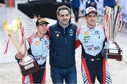 28 January 2024; Hyundai Motorsport team principal Cyril Abiteboul celebrates with Thierry Neuville and Martijn Wydaeghe after winning the FIA World Rally Championship at Monte Carlo in France. Photo by Philip Fitzpatrick/Sportsfile