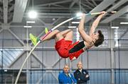 28 January 2024; Finn O'Neill of Lifford Strabane AC, Donegal, competes in the pole vault of the U20 men's Heptathlon during day two of 123.ie National Indoor Combined Events at the Sport Ireland National Indoor Arena in Dublin. Photo by Sam Barnes/Sportsfile