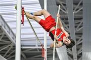 28 January 2024; Finn O'Neill of Lifford Strabane AC, Donegal, competes in the pole vault of the U20 men's heptathlon during day two of 123.ie National Indoor Combined Events at the Sport Ireland National Indoor Arena in Dublin. Photo by Sam Barnes/Sportsfile