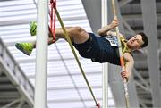 28 January 2024; Jack Forde of St Killians AC, Wexford, competes in the pole vault of the senior men's heptathlon during day two of 123.ie National Indoor Combined Events at the Sport Ireland National Indoor Arena in Dublin. Photo by Sam Barnes/Sportsfile