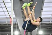 28 January 2024; Jack Forde of St Killians AC, Wexford, competes in the pole vault of the senior men's heptathlon during day two of 123.ie National Indoor Combined Events at the Sport Ireland National Indoor Arena in Dublin. Photo by Sam Barnes/Sportsfile