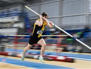 28 January 2024; Noah Gilmore of Kilkenny City Harriers AC, competes in the pole vault of the U20 men's heptathlon during day two of 123.ie National Indoor Combined Events at the Sport Ireland National Indoor Arena in Dublin. Photo by Sam Barnes/Sportsfile