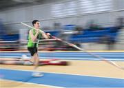 28 January 2024; Oisin O'Regan of Killarney Valley AC, Kerry, competes in the pole vault of the junior 18-19 men combined events during day two of 123.ie National Indoor Combined Events at the Sport Ireland National Indoor Arena in Dublin. Photo by Sam Barnes/Sportsfile