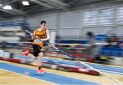28 January 2024; Diarmuid Bannon of Leevale AC, Cork, competes in the pole vault of the U18 men's heptathlon during day two of 123.ie National Indoor Combined Events at the Sport Ireland National Indoor Arena in Dublin. Photo by Sam Barnes/Sportsfile