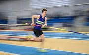 28 January 2024; Charlie Sands of Ardee and District AC, Louth, competes in the pole vault of the 16-17 boys combined events during day two of 123.ie National Indoor Combined Events at the Sport Ireland National Indoor Arena in Dublin. Photo by Sam Barnes/Sportsfile
