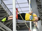 28 January 2024; Eoin O'Callaghan of Bandon AC, Cork, competes in the pole vault of the U18 men's heptathlon during day two of 123.ie National Indoor Combined Events at the Sport Ireland National Indoor Arena in Dublin. Photo by Sam Barnes/Sportsfile