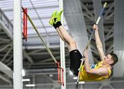 28 January 2024; Eoin O'Callaghan of Bandon AC, Cork, competes in the pole vault of the U18 men's heptathlon during day two of 123.ie National Indoor Combined Events at the Sport Ireland National Indoor Arena in Dublin. Photo by Sam Barnes/Sportsfile