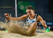 28 January 2024; Lara O'Byrne of Donore Harriers AC, Dublin, competes in the long jump of the senior women's pentathlon during day two of 123.ie National Indoor Combined Events at the Sport Ireland National Indoor Arena in Dublin. Photo by Sam Barnes/Sportsfile