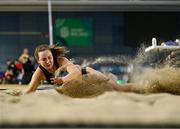 28 January 2024; Maeve Hayes of St Pauls AC, Wexford, competes in the long jump of the senior women's pentathlon during day two of 123.ie National Indoor Combined Events at the Sport Ireland National Indoor Arena in Dublin. Photo by Sam Barnes/Sportsfile