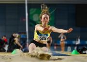 28 January 2024; Katy Walton of Blackley North Manchester AC, competes in the long jump of the senior women's pentathlon during day two of 123.ie National Indoor Combined Events at the Sport Ireland National Indoor Arena in Dublin. Photo by Sam Barnes/Sportsfile