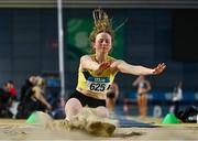 28 January 2024; Katy Walton of Blackley North Manchester AC, competes in the long jump of the senior women's pentathlon during day two of 123.ie National Indoor Combined Events at the Sport Ireland National Indoor Arena in Dublin. Photo by Sam Barnes/Sportsfile