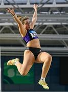 28 January 2024; Maeve Hayes of St Pauls AC, Wexford, competes in the long jump of the senior women's pentathlon during day two of 123.ie National Indoor Combined Events at the Sport Ireland National Indoor Arena in Dublin. Photo by Sam Barnes/Sportsfile