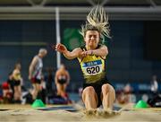 28 January 2024; Bláithín Ní Chiaráin of Dunleer AC, Louth, competes in the long jump of the senior women's pentathlon during day two of 123.ie National Indoor Combined Events at the Sport Ireland National Indoor Arena in Dublin. Photo by Sam Barnes/Sportsfile