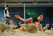 28 January 2024; Laura Frawley of Nenagh Olympic AC, Tipperary, competes in the long jump of the senior women's pentathlon during day two of 123.ie National Indoor Combined Events at the Sport Ireland National Indoor Arena in Dublin. Photo by Sam Barnes/Sportsfile