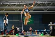 28 January 2024; Laura Frey of Lagan Valley AC, Antrim, competes in the long jump of the senior women's pentathlon during day two of 123.ie National Indoor Combined Events at the Sport Ireland National Indoor Arena in Dublin. Photo by Sam Barnes/Sportsfile