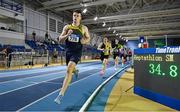 28 January 2024; Jack Forde of St Killians AC, Wexford, competes in the 1000m of the senior men's heptathlon during day two of 123.ie National Indoor Combined Events at the Sport Ireland National Indoor Arena in Dublin. Photo by Sam Barnes/Sportsfile