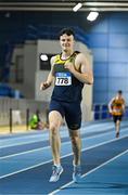 28 January 2024; Jack Forde of St Killians AC, Wexford, competes in the 1000m of the senior men's heptathlon during day two of 123.ie National Indoor Combined Events at the Sport Ireland National Indoor Arena in Dublin. Photo by Sam Barnes/Sportsfile