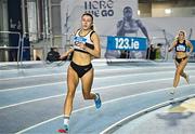 28 January 2024; Lara O'Byrne of Donore Harriers AC, Dublin, competes in the 800m of the senior women's pentathlon during day two of 123.ie National Indoor Combined Events at the Sport Ireland National Indoor Arena in Dublin. Photo by Sam Barnes/Sportsfile