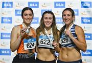 28 January 2024; Senior women's pentathlon medallists, Lara O Byrne of Donore Harriers AC, Dublin, gold, centre, Laura Frawley of Nenagh Olympic AC, Tipperary, silver, left, and Laura Frey of Lagan Valley AC, Antrim, bronze, right, during day two of 123.ie National Indoor Combined Events at the Sport Ireland National Indoor Arena in Dublin. Photo by Sam Barnes/Sportsfile