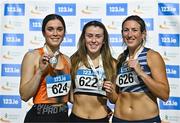 28 January 2024; Senior women's pentathlon medallists, Lara O Byrne of Donore Harriers AC, Dublin, gold, centre, Laura Frawley of Nenagh Olympic AC, Tipperary, silver, left, and Laura Frey of Lagan Valley AC, Antrim, bronze, right, during day two of 123.ie National Indoor Combined Events at the Sport Ireland National Indoor Arena in Dublin. Photo by Sam Barnes/Sportsfile