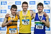 28 January 2024; U18 men's heptathlon medallists, Eoin O'Callaghan of Bandon AC, Cork, gold, centre, Diarmuid Bannon of Leevale AC, Cork, silver, left, and Charlie Sands of Ardee and District AC, Louth, bronze, right, during day two of 123.ie National Indoor Combined Events at the Sport Ireland National Indoor Arena in Dublin. Photo by Sam Barnes/Sportsfile