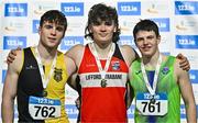 28 January 2024; U20 men's heptathlon medallists,  Finn O'Neill of Lifford Strabane AC, Donegal, gold, centre, Noah Gilmore of Kilkenny City Harriers AC, silver, left, and Oisin O'Regan of Killarney Valley AC, Kerry, bronze, during day two of 123.ie National Indoor Combined Events at the Sport Ireland National Indoor Arena in Dublin. Photo by Sam Barnes/Sportsfile