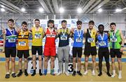 28 January 2024; Heptathlon medallists, from left, Charlie Sands of Ardee and District AC, Louth, Diarmuid Bannon of Leevale AC, Cork, Eoin O'Callaghan of Bandon AC, Cork,  Finn O'Neill of Lifford Strabane AC, Donegal, Jack Forde of St Killians AC, Wexford, Evan Hayes of Waterford AC, Noah Gilmore of Kilkenny City Harriers AC, Taiwo Adereni of Waterford AC and Oisin O'Regan of Killarney Valley AC, Kerry, after day two of 123.ie National Indoor Combined Events at the Sport Ireland National Indoor Arena in Dublin. Photo by Sam Barnes/Sportsfile
