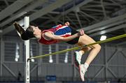 28 January 2024; Tara O'Connor of Dundalk St Gerards AC, Louth, sister of Ireland heptathlete Kate O'Connor, competes in the high jump of the 16 - 17 girls combined events during day two of 123.ie National Indoor Combined Events at the Sport Ireland National Indoor Arena in Dublin. Photo by Sam Barnes/Sportsfile