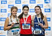 28 January 2024; U16 girls pentathlon medallists, Emer Purtill of Dooneen AC, Limerick, gold, centre, Elle - Kate Mc Rae of Midleton AC, Cork, silver, left, and Mila Clancy of Corran AC, Sligo, bronze, right, during day two of 123.ie National Indoor Combined Events at the Sport Ireland National Indoor Arena in Dublin. Photo by Sam Barnes/Sportsfile