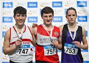 28 January 2024; U16 boys pentathlon medallists, Daniel Downey of Portlaoise AC, Laois, gold, centre, Eddie Raicevic of Finisk Valley AC, Waterford, silver, left, and Artem Kelly of St Pauls AC, bronze, right, during day two of 123.ie National Indoor Combined Events at the Sport Ireland National Indoor Arena in Dublin. Photo by Sam Barnes/Sportsfile