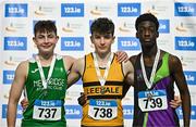 28 January 2024; Boys u15 pentathlon medallists, Fionn Naughton of Leevale AC, Cork, gold, centre, Kyle Byrne-Ward of Newbridge AC, Kildare, silver, left, and Joseph Magbagbeola of Navan AC, Meath, bronze, right, during day two of 123.ie National Indoor Combined Events at the Sport Ireland National Indoor Arena in Dublin. Photo by Sam Barnes/Sportsfile
