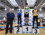 28 January 2024; Athletic's Ireland president John Cronin, far left, with U14 boys pentathlon medallists, Tomas McGrath of St Andrews AC, gold, centre, John Fitzpatrick of Longford AC, silver, left, and Ned Condon of Leevale AC, Cork, bronze, right, during day two of 123.ie National Indoor Combined Events at the Sport Ireland National Indoor Arena in Dublin. Photo by Sam Barnes/Sportsfile