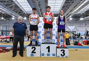 28 January 2024; Athletic's Ireland president John Cronin, far left, U16 boys pentathlon medallists, Daniel Downey of Portlaoise AC, Laois, gold, centre, Eddie Raicevic of Finisk Valley AC, Waterford, silver, left, and Artem Kelly of St Pauls AC, bronze, right, during day two of 123.ie National Indoor Combined Events at the Sport Ireland National Indoor Arena in Dublin. Photo by Sam Barnes/Sportsfile